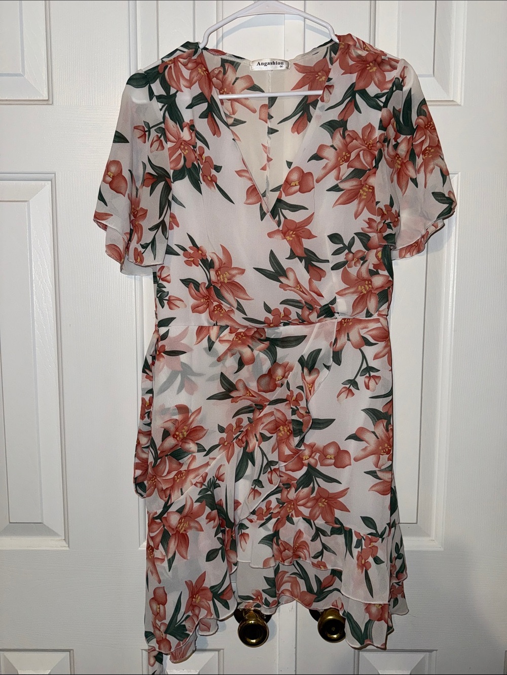Cream Floral Faux Wrap Dress - Pink Floral Print